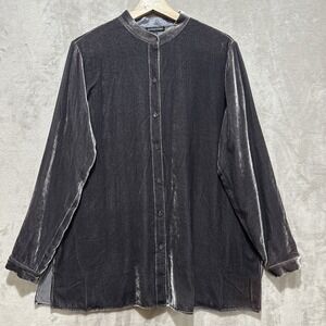 Eileen Fisher Velvet Mandarin Women's S Gray Band Collar Button Up Long Sleeve